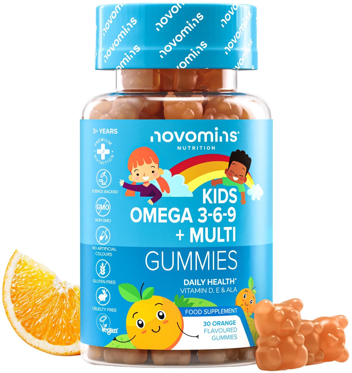 Kinder Omega 3-6-9, met Vitamine E & D, 30 Gummies, Vegan, Halal, Getest door Eurofins, Novomins