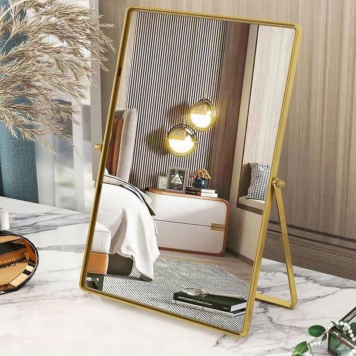 Thijox - Gouden Rechthoekige Make-up Bureau Spiegel met Metalen Frame - Draagbare High-Definition Tafelspiegel voor Dressoir, Woonkamer en Slaapkamer