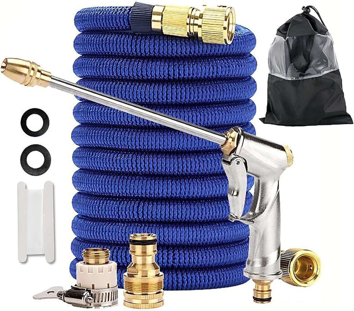 SnelShoppen - 50 FT uitbreidbare tuinslang met hogedruk metalen waterpistool, 5-in-1 waterslang, 4 lagen latex, 3/4 inch messing fitting, heavy duty s