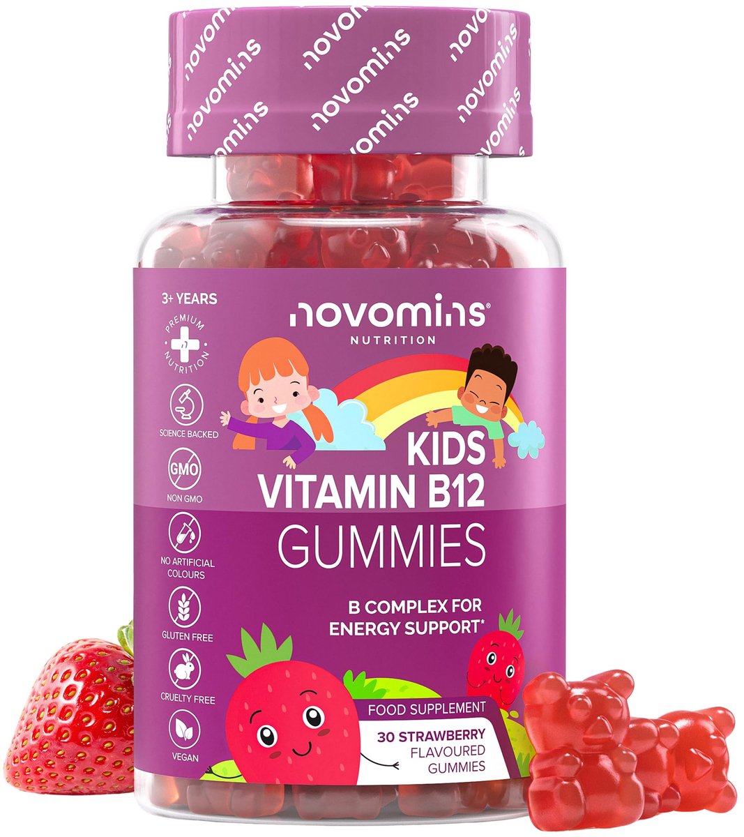 Kinder Vitamine B12, met B1 & B2, 30 Gummies, Vegan, Halal, Getest door Eurofins, Novomins