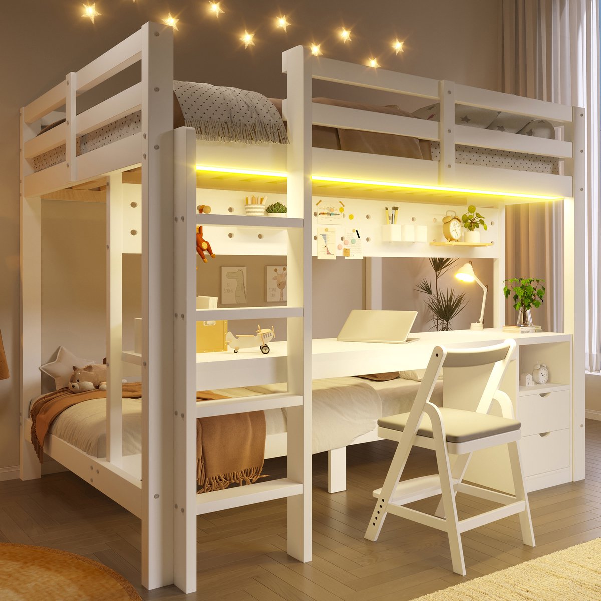 OKWISH Hoog Laag Bed 140x200 cm en 90x200 cm - Met Bureau en Ledverlichting - Met Lades en Opbergruimte - Kinderkamer - Hout - Wit - Zonder Matras