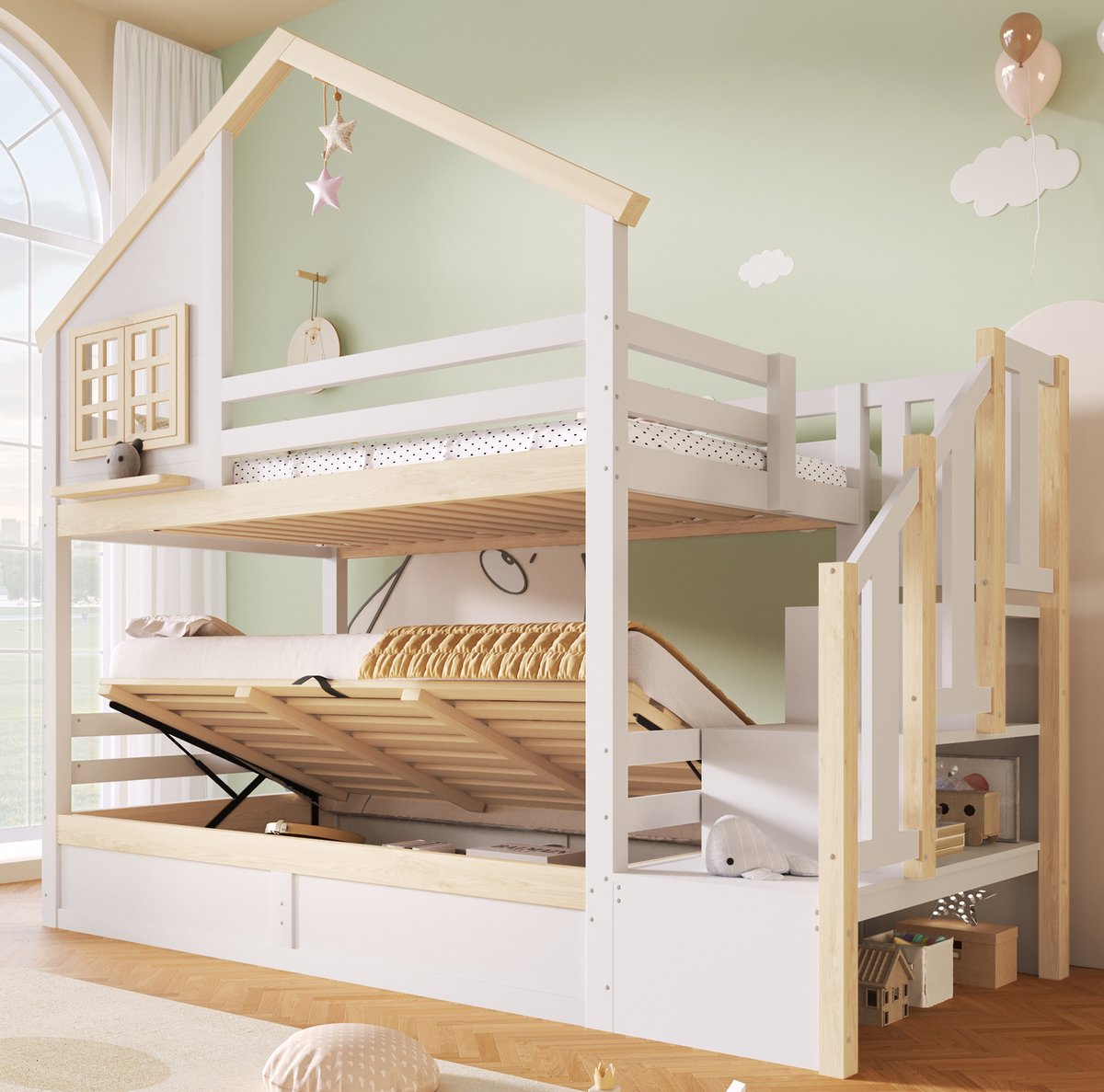 OKWISH Stapelbed 90x200 cm - Met Hydraulische Opbergruimte en Uitvalbeveiliging - Huisbed met Trap - Zonder Matras - Voor Kinderen - Hout en MDF - Wit en Naturel