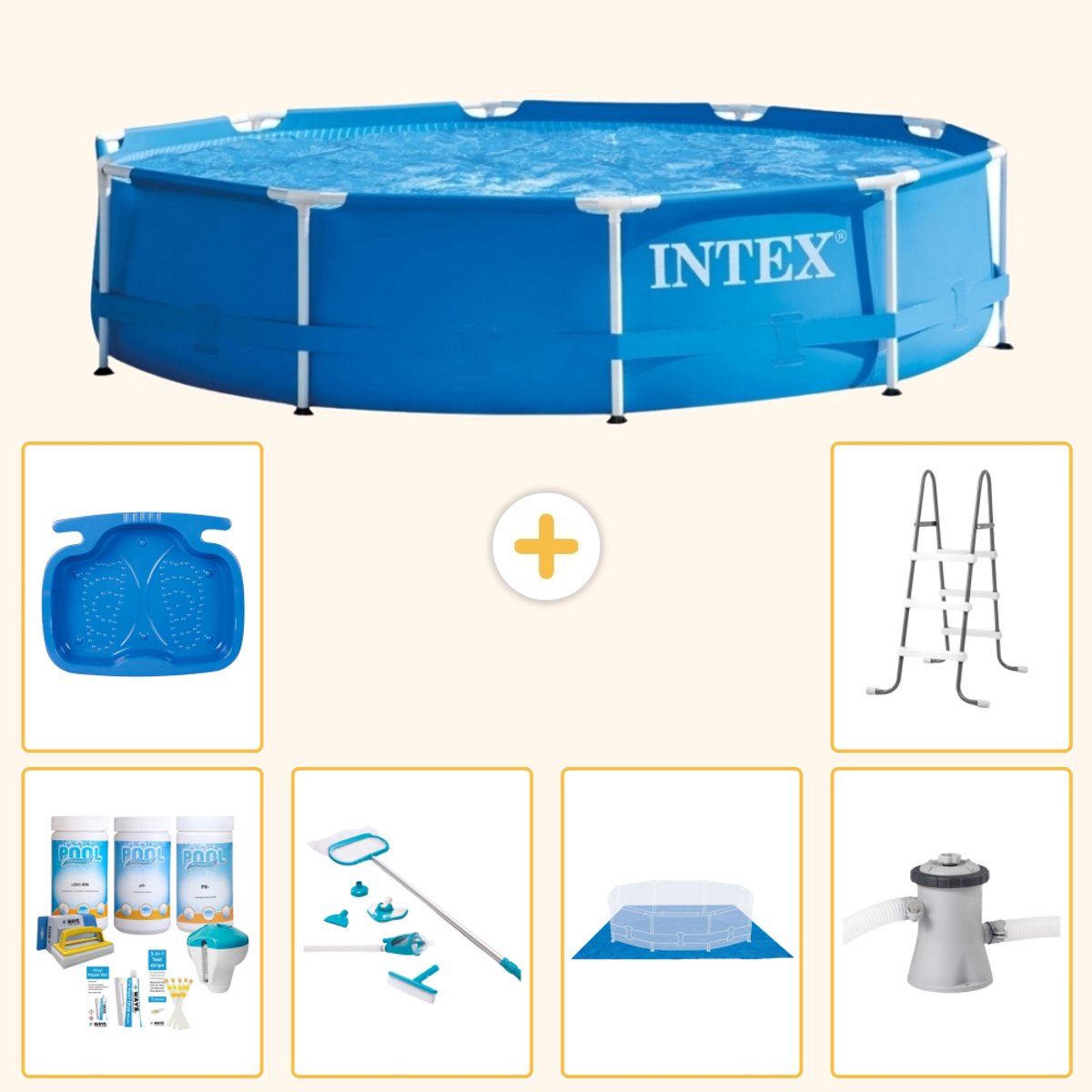Intex Rond Frame Zwembad - 305 x 76 cm - Blauw - Inclusief Onderhoudspakket - Schoonmaakset - Grondzeil - Zwembadfilterpomp - Voetenbad - Ladder - 7-delig