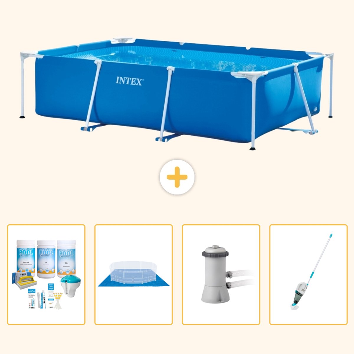 Intex Rechthoekig Frame Zwembad - 300 x 200 x 75 cm - Blauw - Inclusief Onderhoudspakket - Grondzeil - Zwembadfilterpomp - Stofzuiger - 5-delig