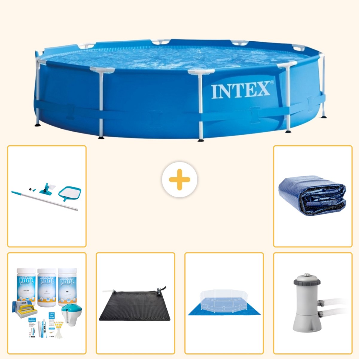 Intex Rond Frame Zwembad - 366 x 76 cm - Blauw - Inclusief Onderhoudspakket - Solar Mat - Grondzeil - Zwembadfilterpomp - Schoonmaakset - Solarzeil - 7-delig