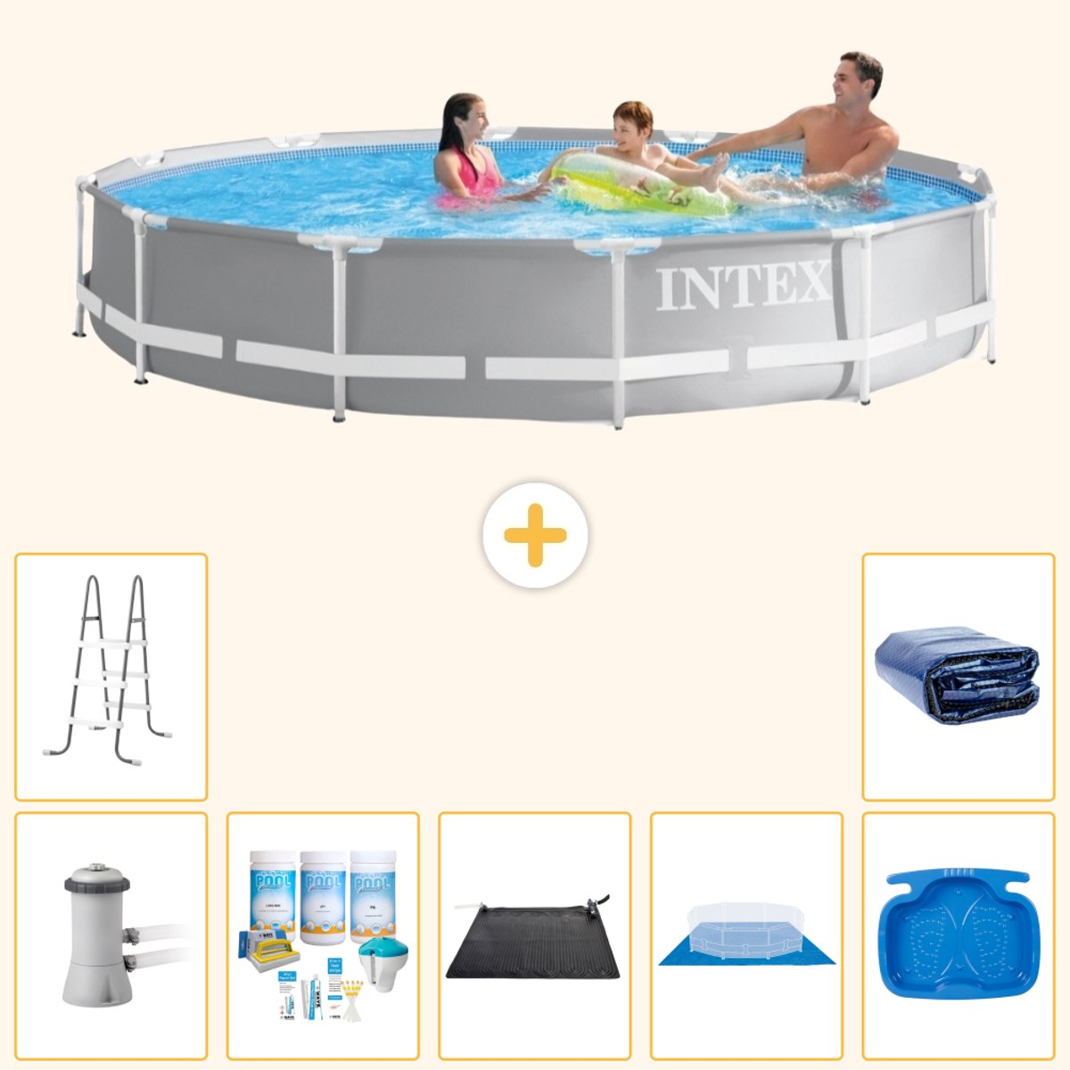 Intex Rond Prism Frame Zwembad - 366 x 76 cm - Grijs - Inclusief Pomp - Onderhoudspakket - Solar Mat - Grondzeil - Voetenbad - Ladder - Solarzeil - 8-delig