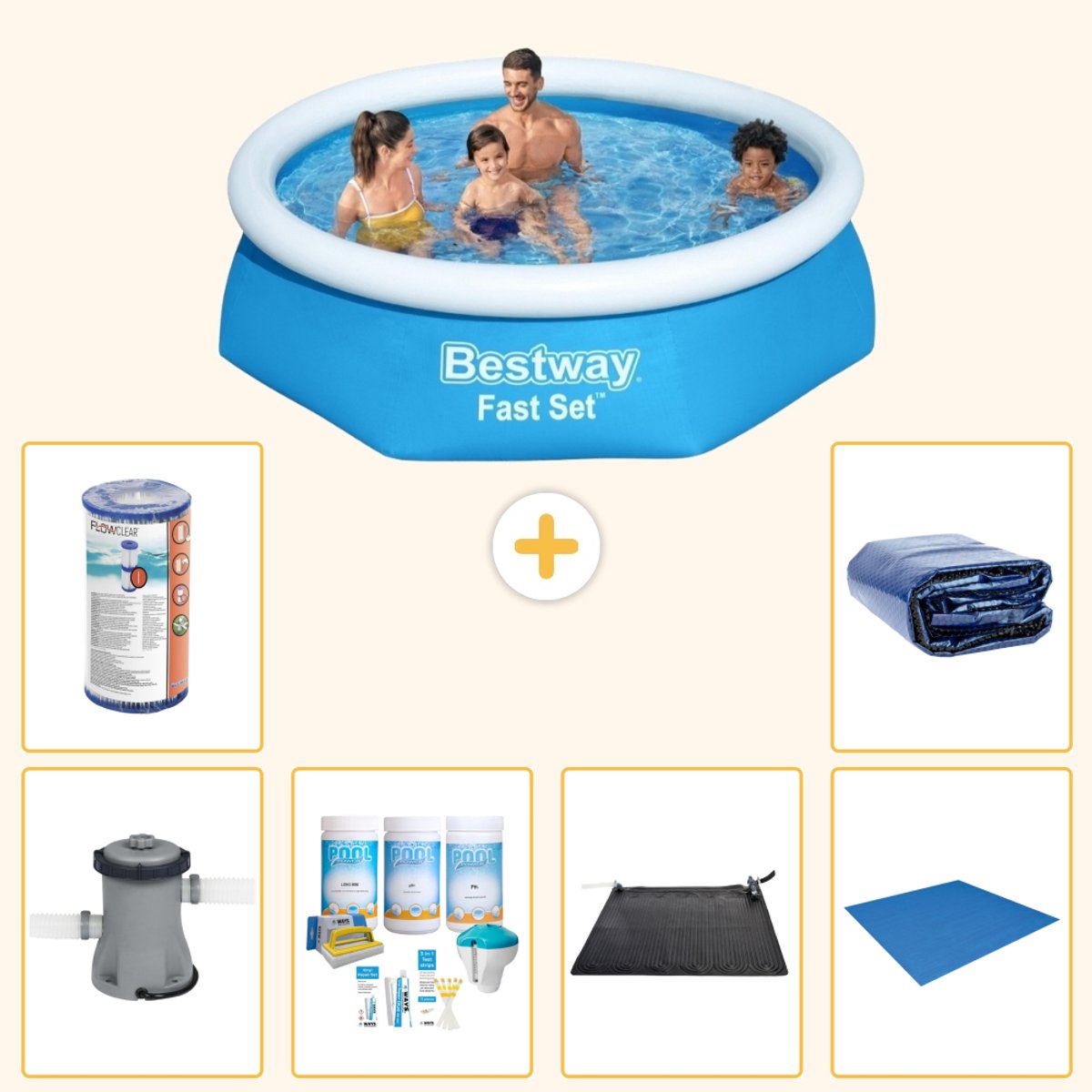 Bestway Rond Opblaasbaar Fast Set Zwembad - 244 x 61 cm - Blauw - Inclusief Pomp - Onderhoudspakket - Solar Mat - Grondzeil - Filter - Solarzeil - 7-delig