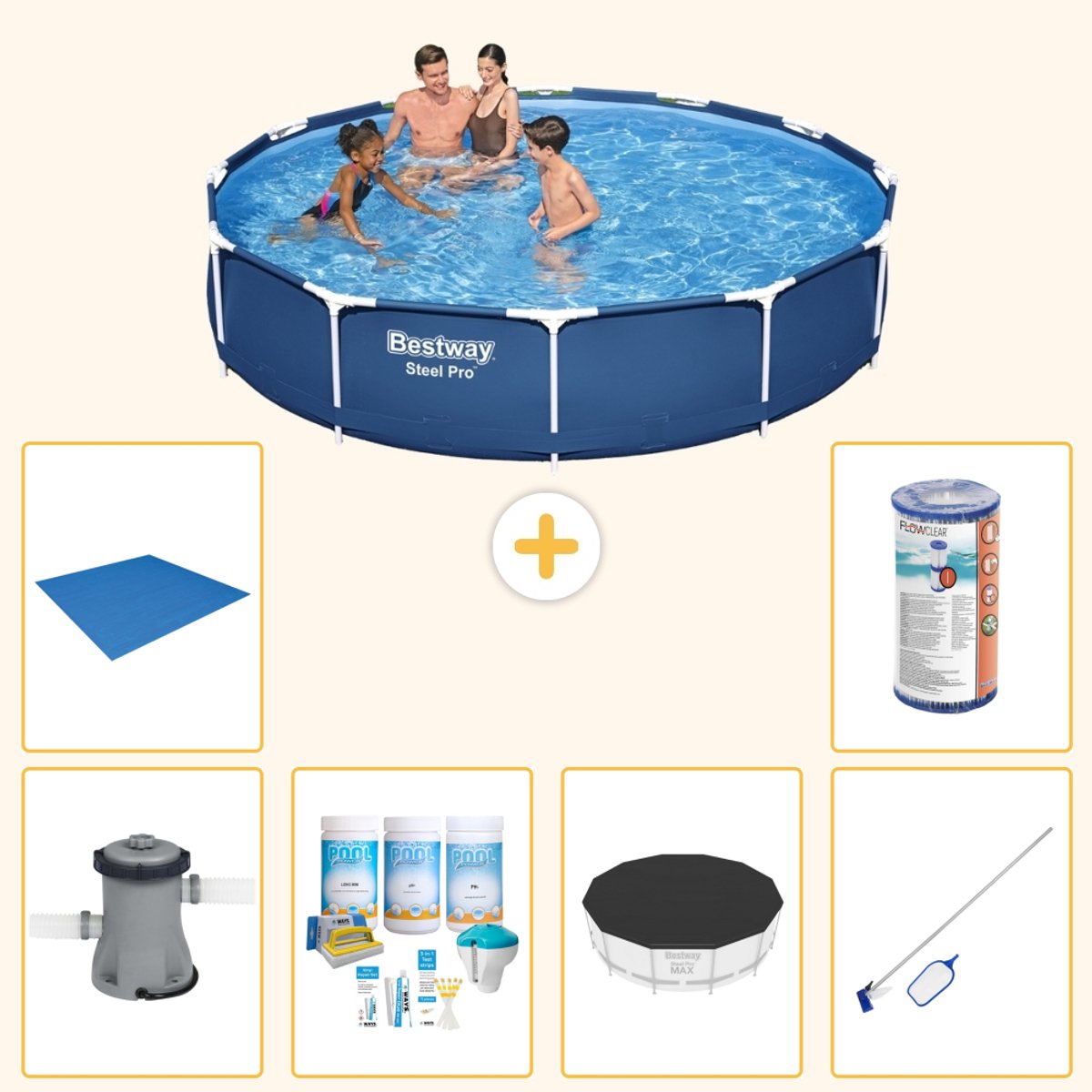 Bestway Rond Steel Pro Zwembad - 366 x 76 cm - Blauw - Inclusief Pomp - Onderhoudspakket - Afdekzeil - Schoonmaakset - Grondzeil - Filter - 7-delig