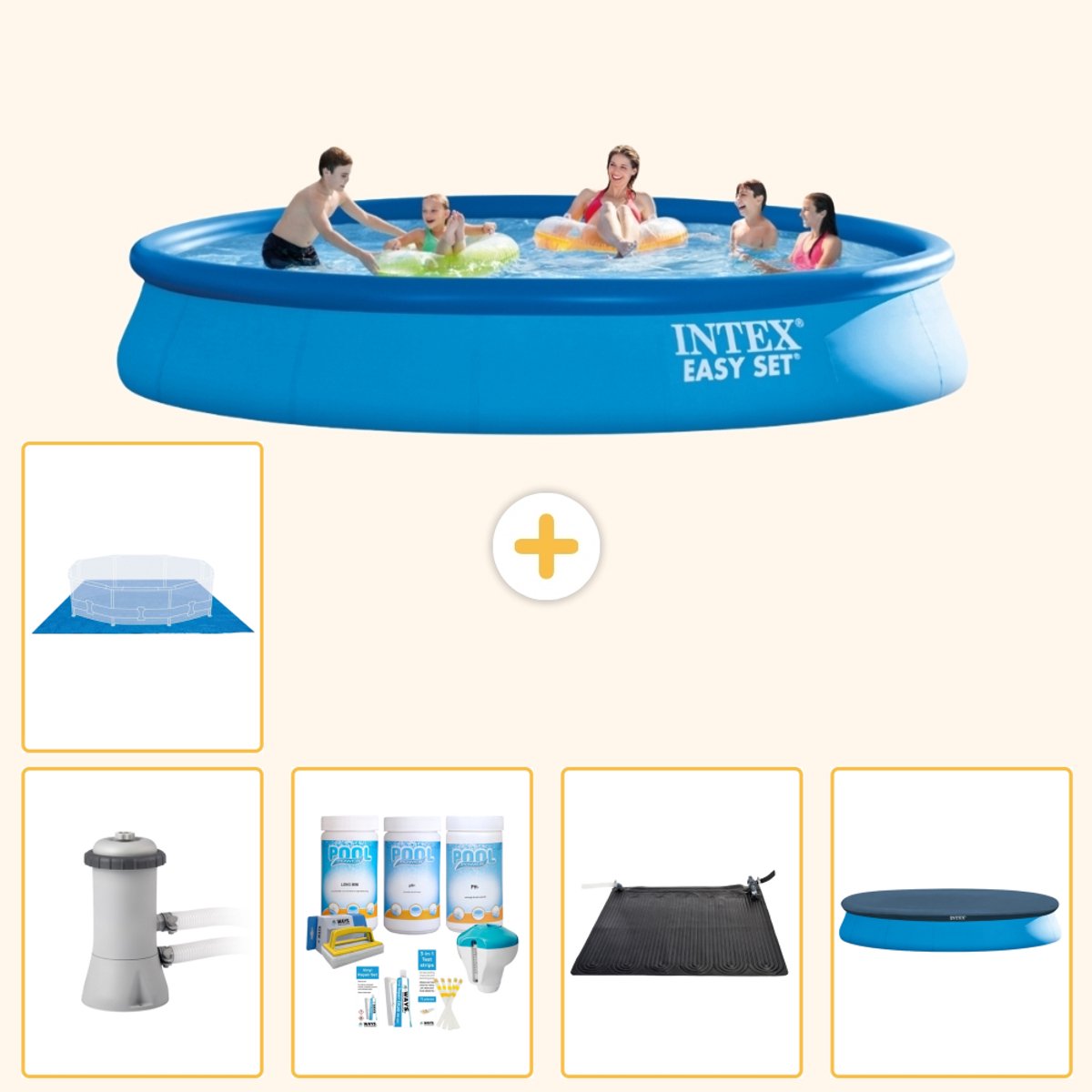 Intex Rond Opblaasbaar Easy Set Zwembad - 457 x 84 cm - Blauw - Inclusief Pomp - Onderhoudspakket - Solar Mat - Afdekzeil - Grondzeil - 6-delig