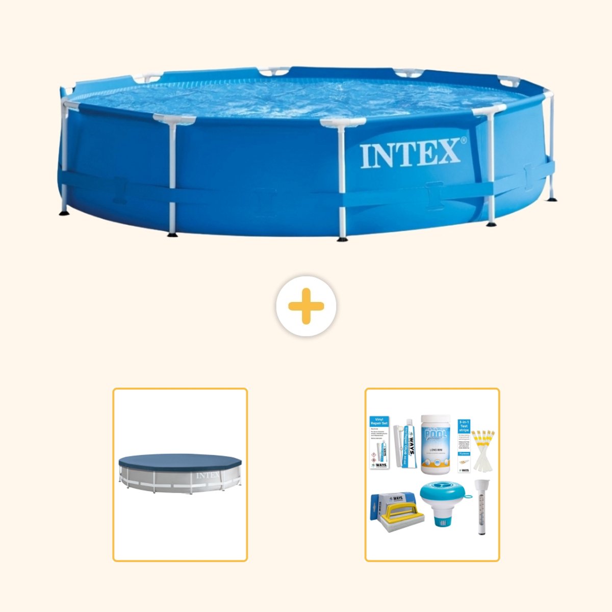 Intex Rond Frame Zwembad - 366 x 76 cm - Blauw - Inclusief Afdekzeil - Onderhoudspakket - 3-delig