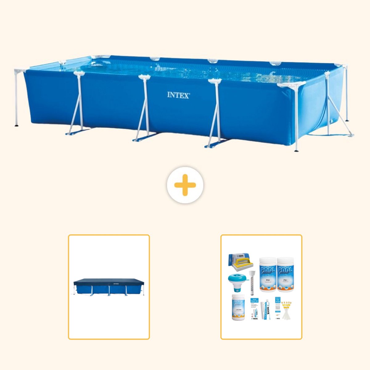 Intex Rechthoekig Frame Zwembad - 450 x 220 x 84 cm - Blauw - Inclusief Afdekzeil - Onderhoudspakket - 3-delig