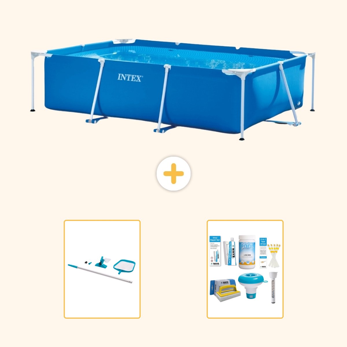 Intex Rechthoekig Frame Zwembad - 260 x 160 x 65 cm - Blauw - Inclusief Schoonmaakset - Onderhoudspakket - 3-delig