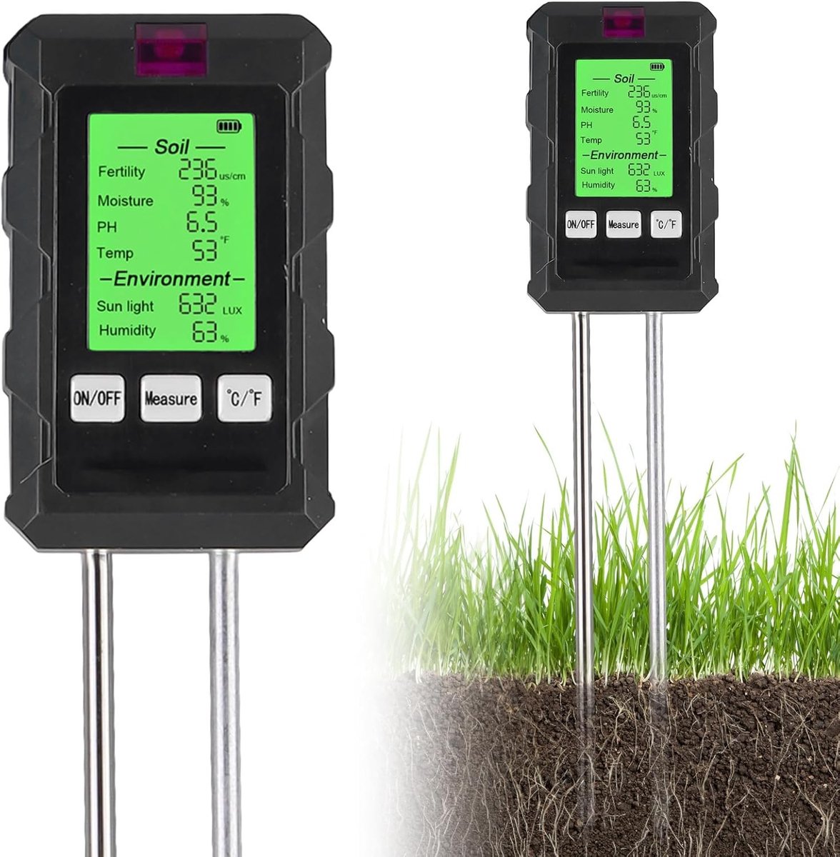 6-in-1 pH Bodemtester, Vochtmeter voor Planten met Bodemvochtigheid, Temperatuur, Zonne-licht en Luchtvochtigheid, Ideaal voor Tuinieren en Potplanten