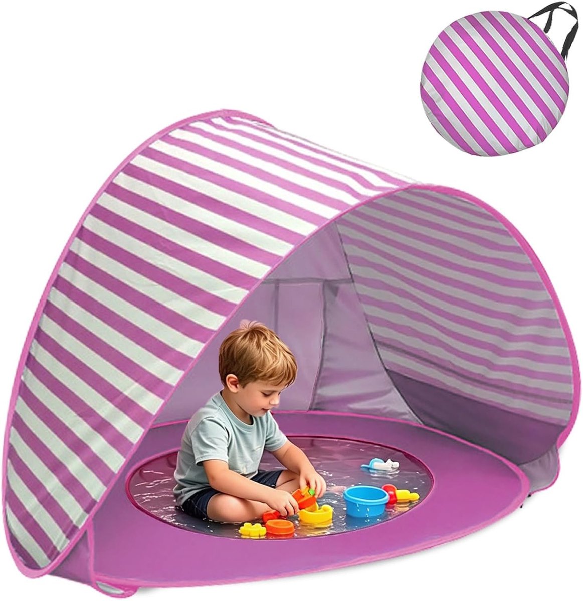 Pop-up babystrandtent met deelbaar mini-zwembad, UV-bescherming, ideaal voor strand, tuin en camping, draagbare werptent voor peuters met schaduw en veiligheid