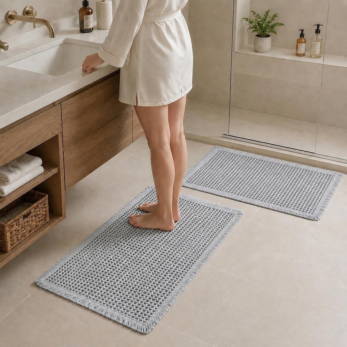 2-delige badkamertapijtenset, antislip badmatten, wasbare douchemat, grote badmatset, 43 x 61 cm + 46 x 77 cm, perfect voor badkamer en woonkamer, lichtgrijs