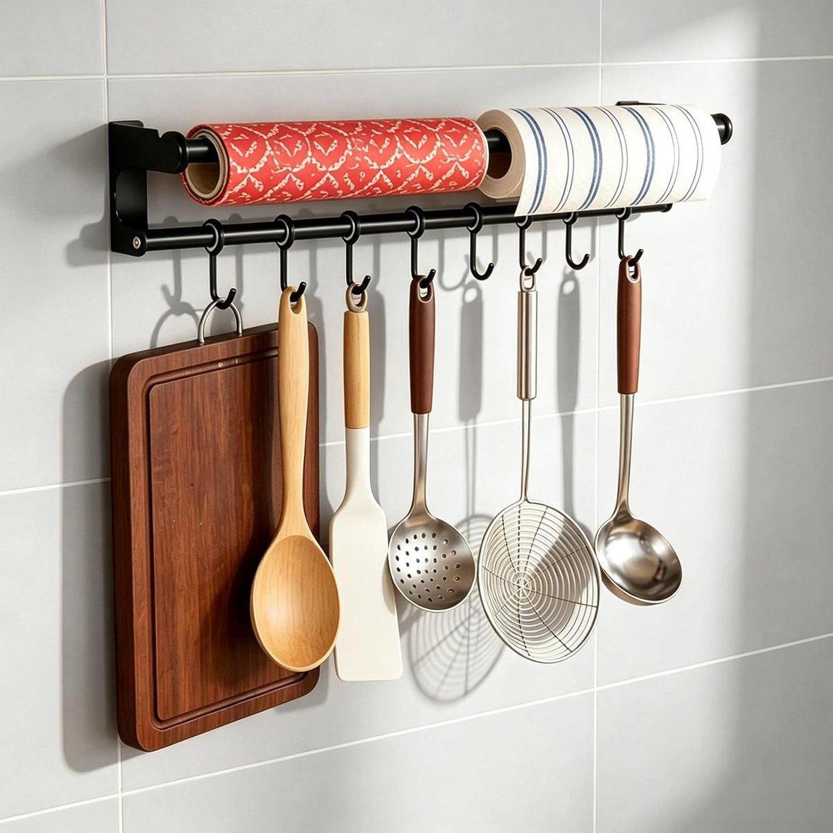 Thijox - Keukenstang 60 cm met 8 Haken - Zwarte Keukenreling voor Keukengerei - Wandhouder met Montagehandleiding - Ideaal voor Keuken, Badkamer en Hu
