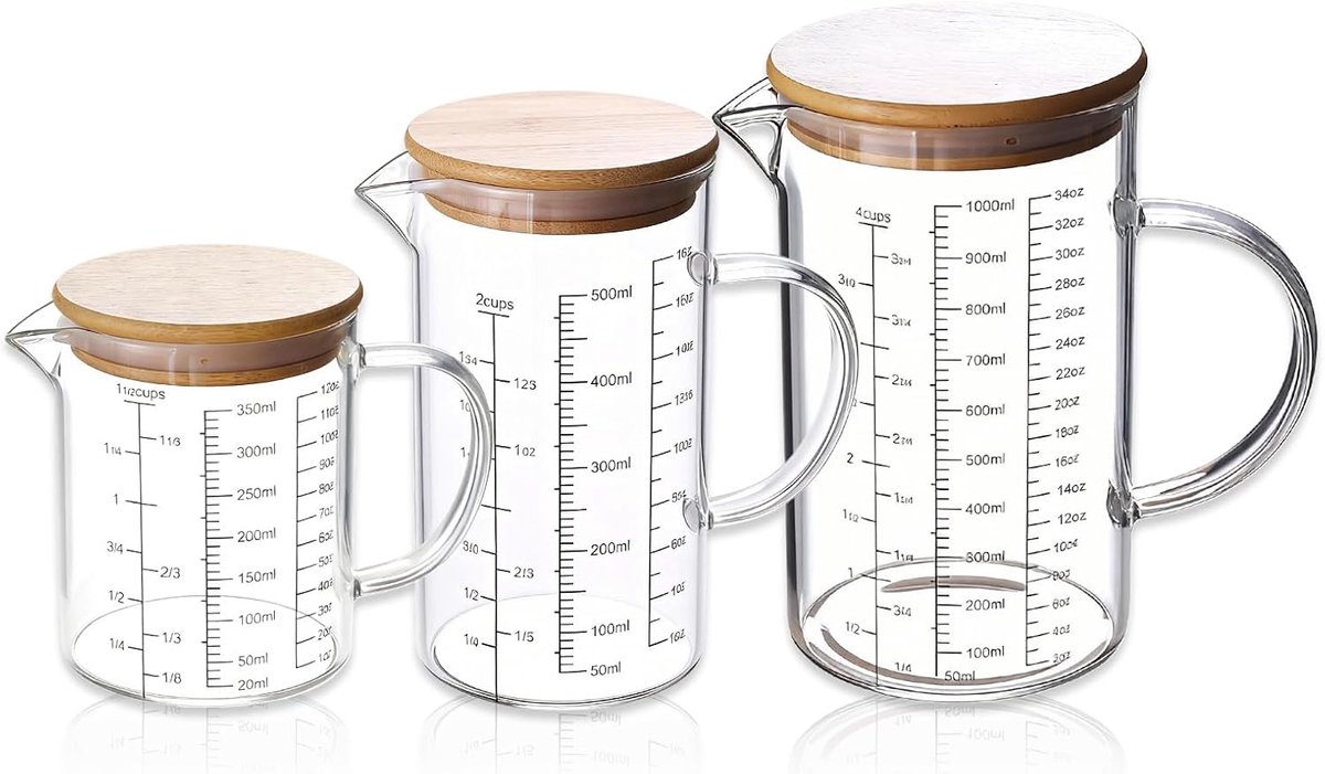 Thijox - Set van 3 glazen maatbekers 1L/500ml/350ml, hittebestendig borosilicaatglas, met handvat en V-vormige schenktuit voor keuken en restaurant