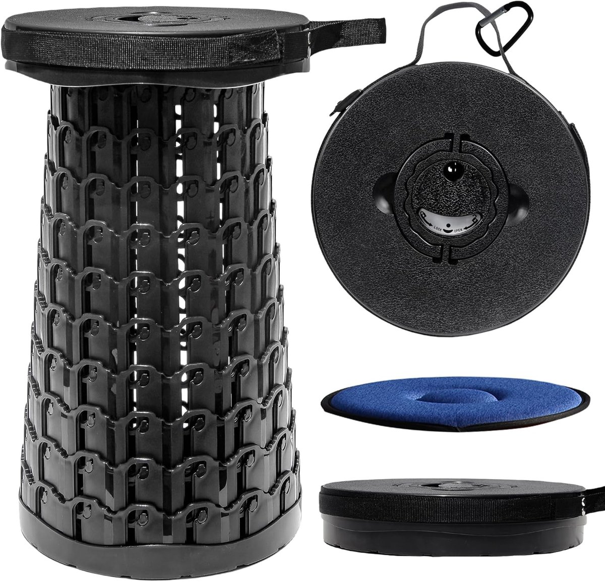 SnelShoppen - XXL 50cm Vouwkruk met Kussen, Draagvermogen 1000lbs, Verstelbare Telescopische Opvouwbare Kruk voor Camping, Tuin, Feest, Reizen, Ronde