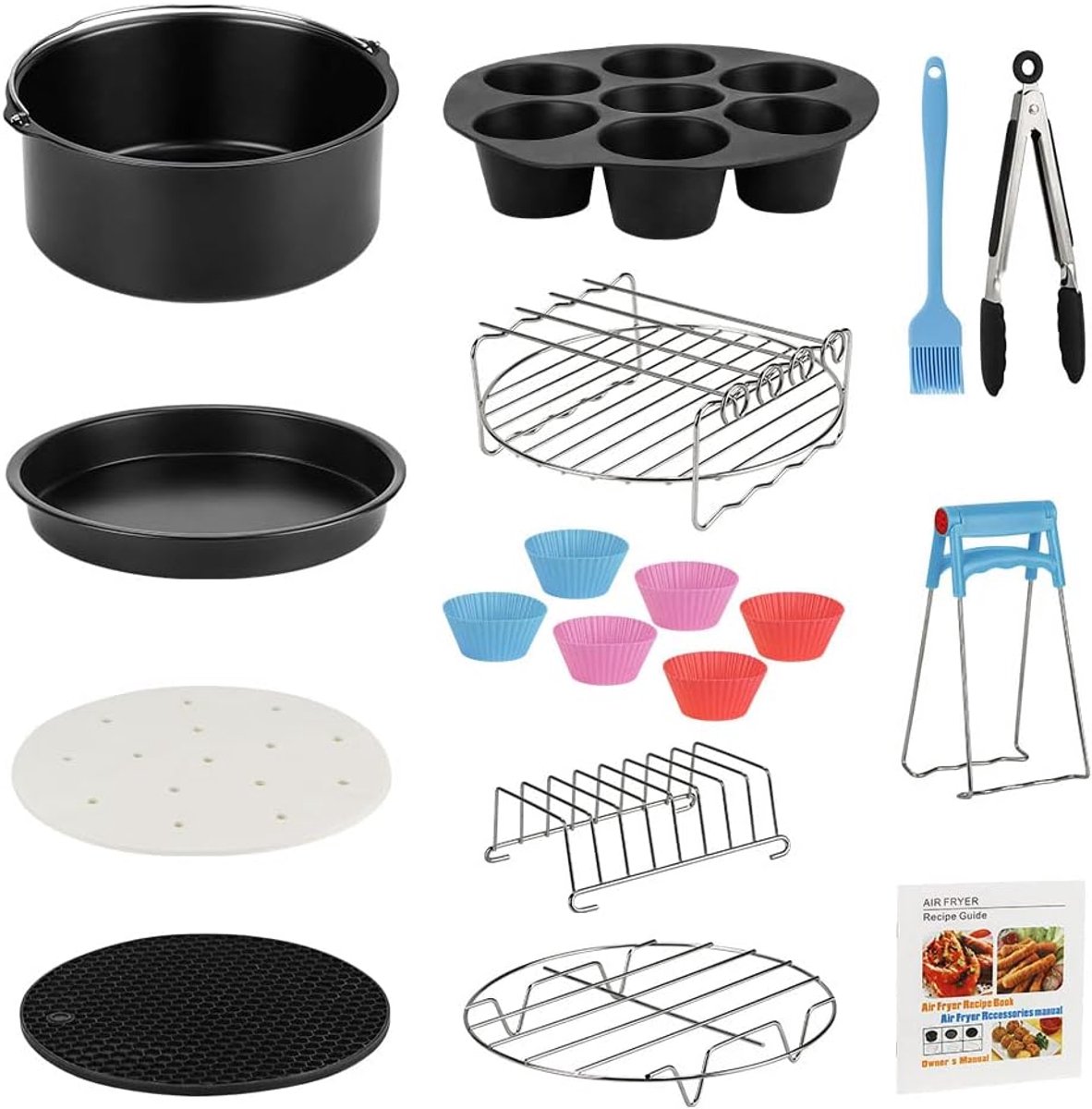 Thijox Heteluchtfriteuse Accessoireset 20 cm 13-delige Airfryer Accessoireset met Pizzaplaat Siliconen Pan Muffinvormpjes en Recepten voor 3 8-5