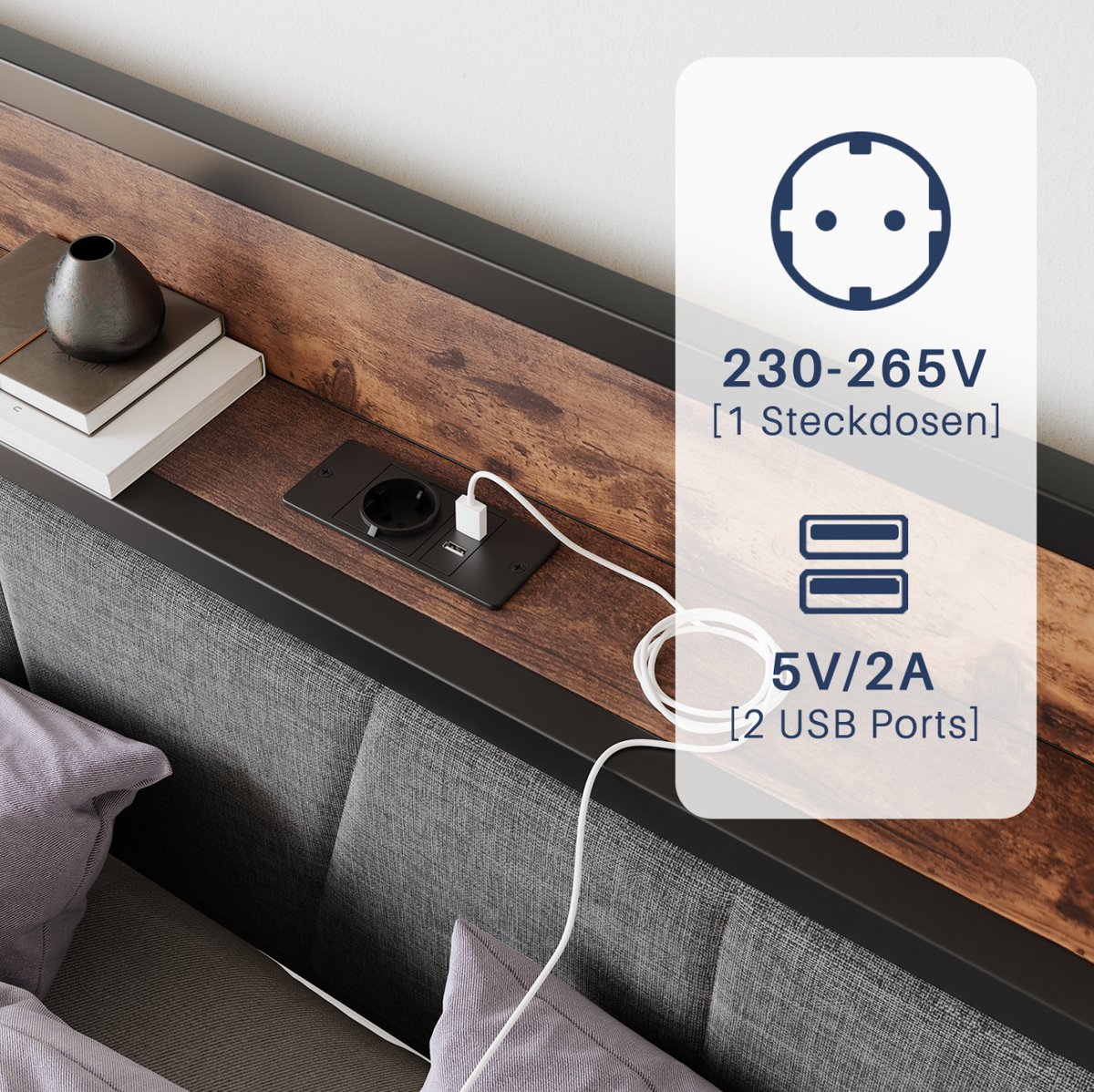 OKWISH Bed 120x200 cm - Met Ledverlichting en Usb-Laadpunt - Met Opberghoofdbord en Onderbedruimte - Zonder Matras - Metaal en MDF - Antiekbruin Antiek bruin