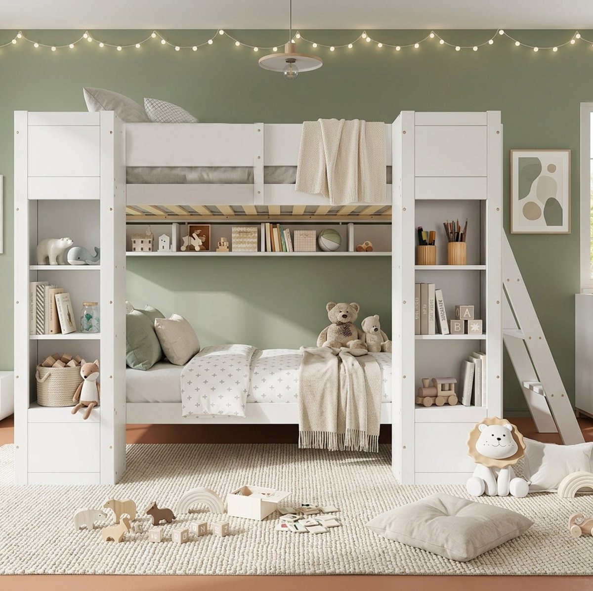 OKWISH Stapelbed 90x200 cm - Met Opbergruimte En Links Of Rechts Monteerbare Ladder - Met Uitvalbeveiliging - Zonder Matras - Hout MDF Spaanplaat - Wit