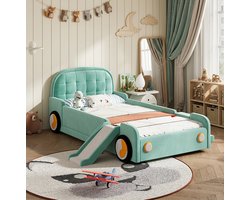 OKWISH Kinderbed 90x200 cm - Autobed Met Glijbaan En Trap - Links Of Rechts Monteerbaar - Met Uitvalbeveiliging - Zonder Matras - Blauwgroen