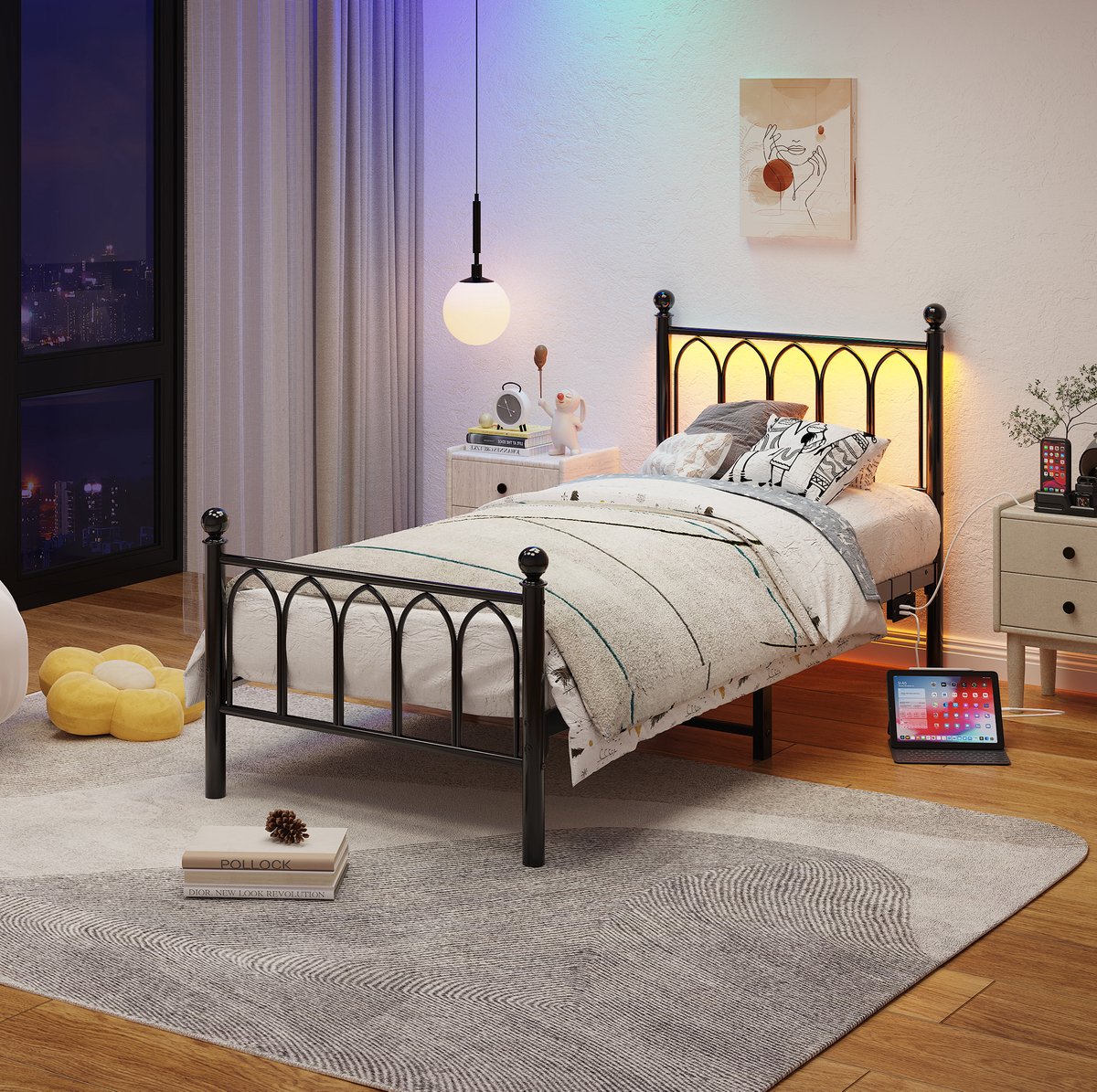 OKWISH Metalen Bed 90x200 cm - Met Hoge Hoofd En Voetbord, Ledverlichting En Usb Oplaadpunt - Onderbed Opbergruimte - Zonder Matras - Zwart