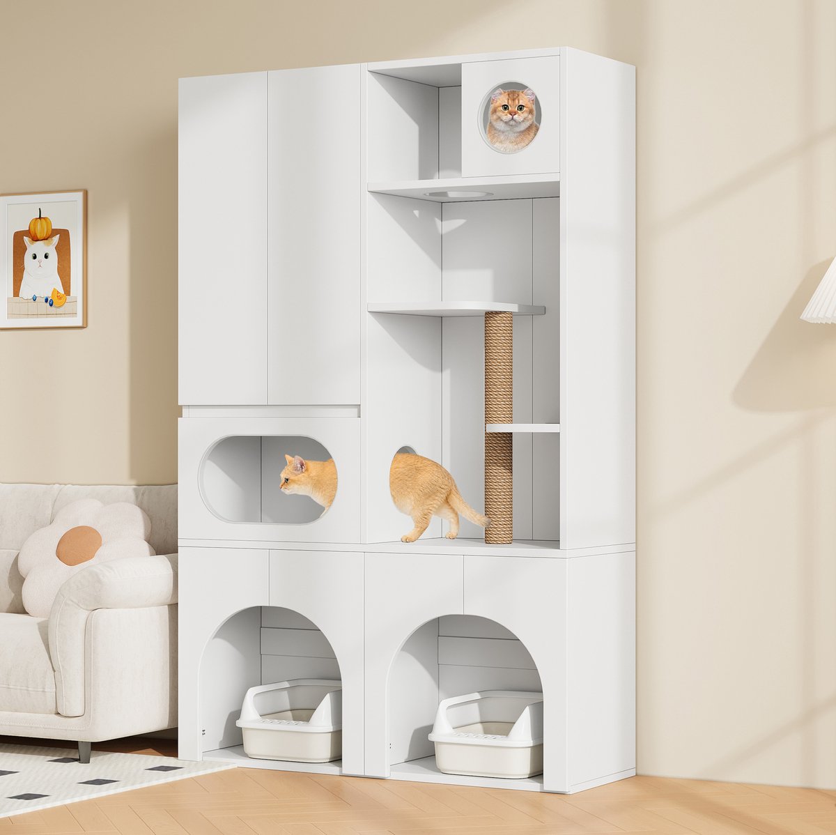 OKWISH Kattenbakcontainer – Voor 2 Kattenbakken – Met Krabpaal En Opbergkast – Voor Katten En Honden – MDF Wit – 140 x 45 x 195 cm