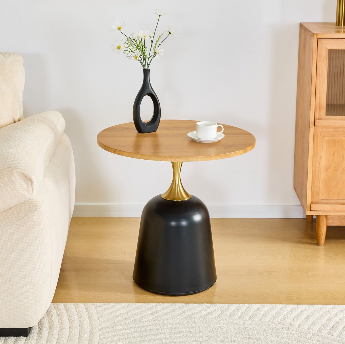 OKWISH Bijzettafel - Rond 60 Cm - Modern Houtlook Tafelblad - Stabiel Metalen Onderstel - Voor Woonkamer Slaapkamer Kantoor - Houtkleur