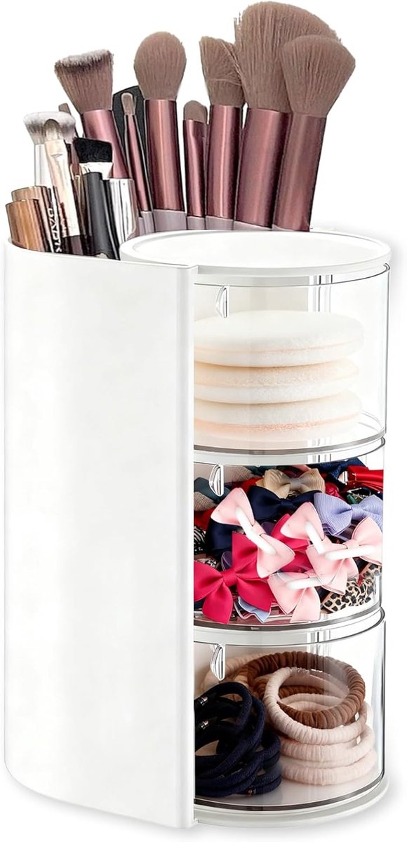 Thijox - 180° Draaiplateau Make-uptafel Organizer - 3 Verdiepingen Cosmetica-Organizer met Borstelhouder - Transparante Haaraccessoires & Sieraden Ops