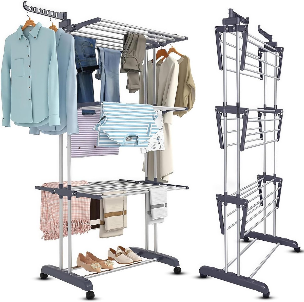 Droogrek 4-laags - Vouwbaar met wielen - RVS met zijvleugels - Ideaal voor was en bedlinnen - ShopVlot