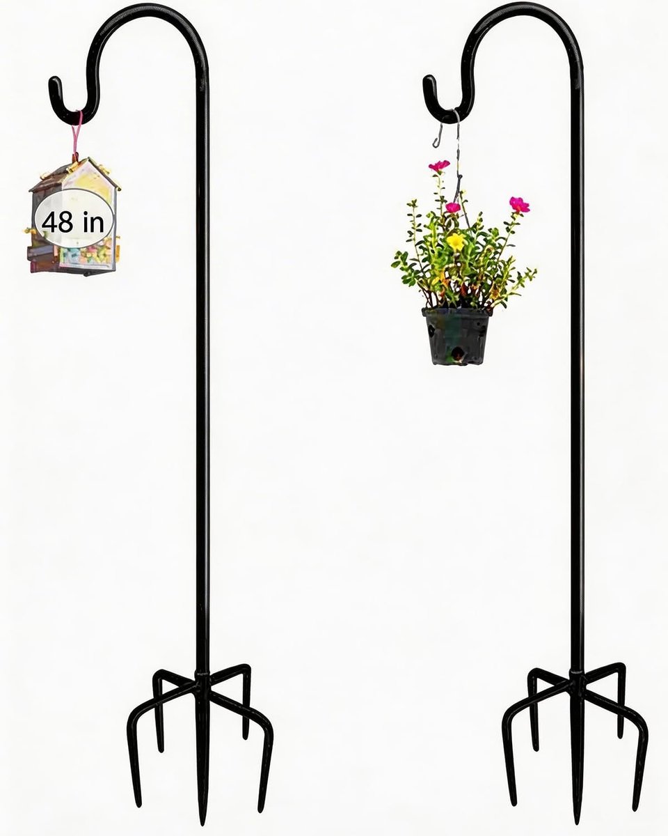 SnelShoppen - 2 Stuks Verstelbare 120cm Shepherds Crook Hooks met 5-Puntige Basis - Sterke Metaal Haken voor Tuinverlichting, Lantaarns, Plantenbakken
