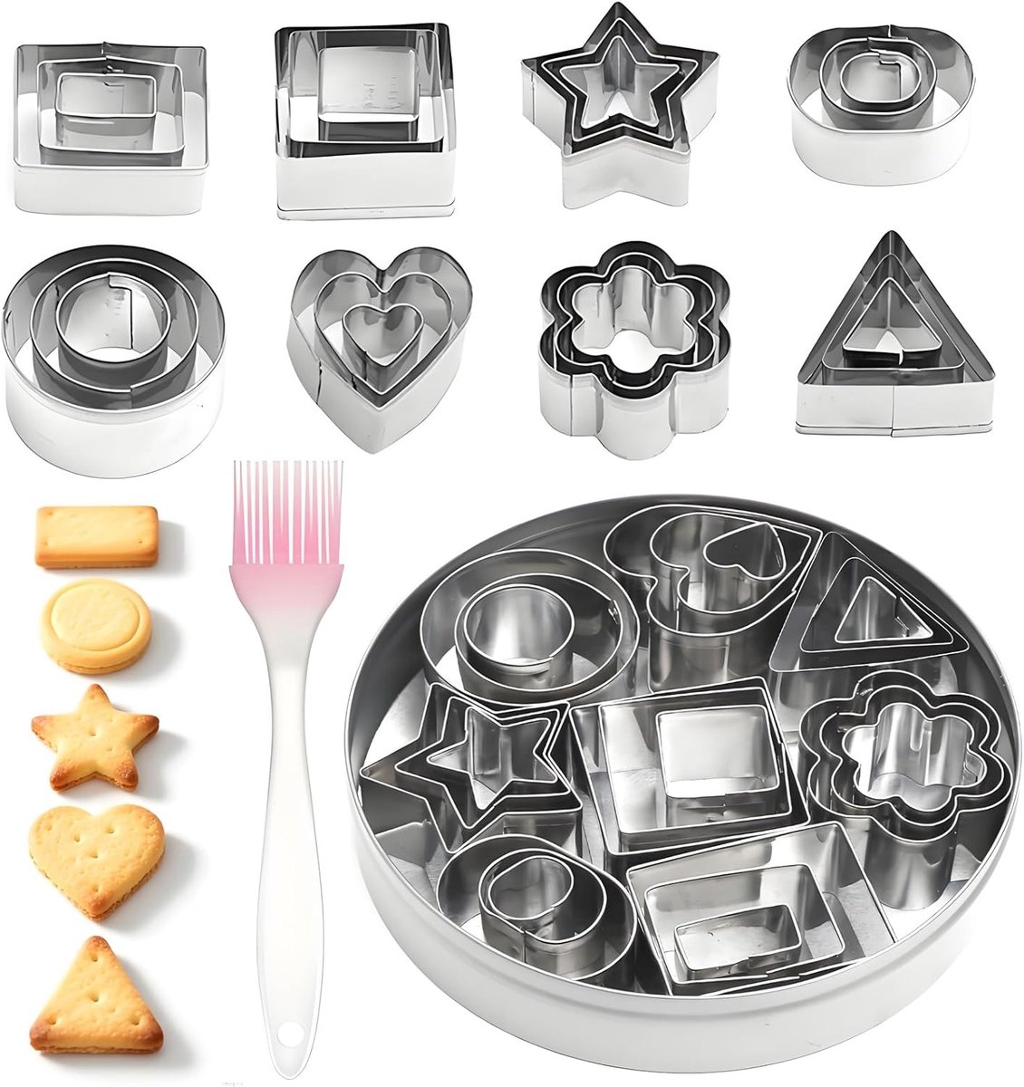 SnelShoppen - 24 Pcs Mini RVS Koekjesuitsteekvormpjes Set met Kwast - 8 Vormen: Hart, Ster, Bloem, Cirkel, Vierkant, Driehoek, Ovalen en Rechthoek voo