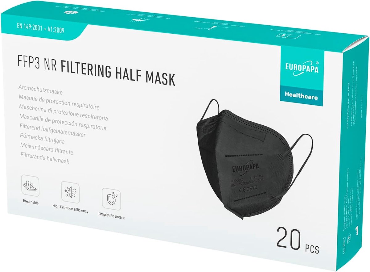 Thijox - 20 x FFP3 Zwarte Adembeschermingsmaskers - 5-laags Hygienisch Stofmasker - Gecertificeerd EN149:2001+A1:2009 - Mondmasker voor Medisch Gebrui