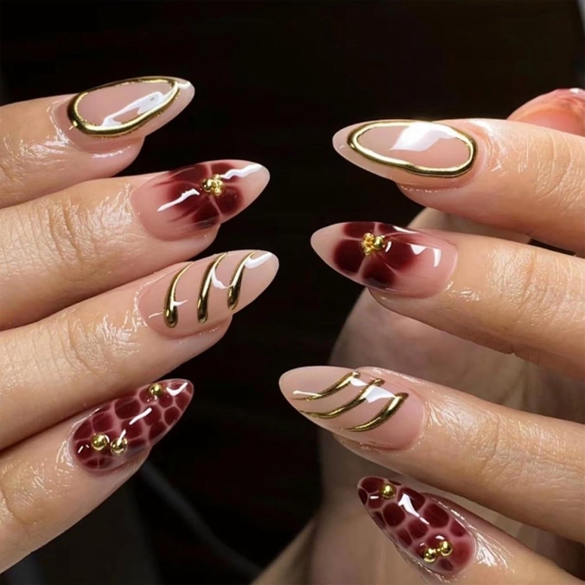 Thijox - 24 Stuks Press On Nagels Medium Almond Bruin - Herfst Bloem 3D Goud Textuur Design Kunstnagels - Jelly Gel Draagset voor Vrouwen en Meisjes -