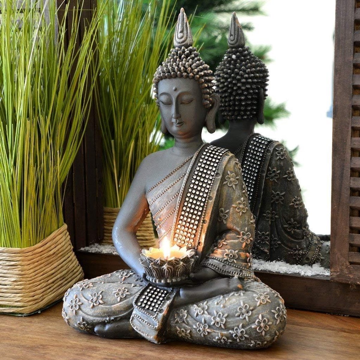 SnelShoppen - Boeddha beeld 31 cm met waxinelichthouder - Handgeschilderd met rhinestone - Feng Shui interieurdecoratie voor woonkamer, slaapkamer, ka