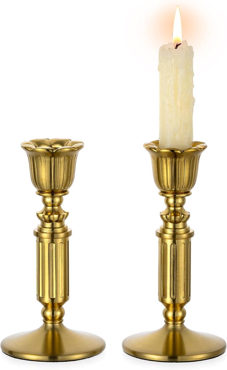 SnelShoppen - Vintage Kaarsenhouder Brons Set van 2 - Rustiek Gouden Taper Stick voor Retro Victorian Antieke Decoratie, Eettafel, Kerst, Bruiloft, Wo
