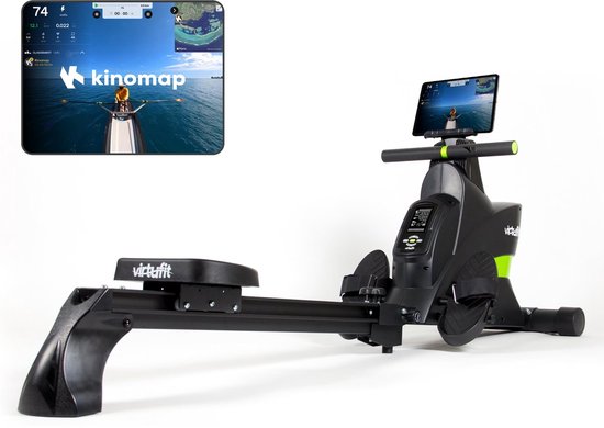 Zwarte en limegroene roeitrainer met een tablet-houder, klaar voor gebruik met Kinomap.