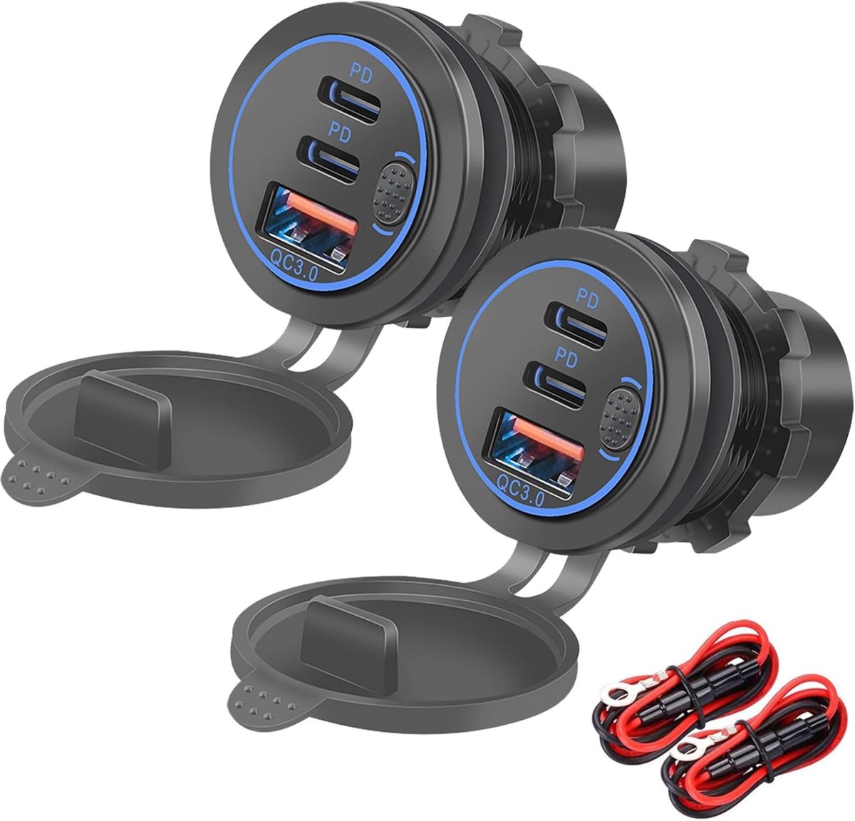 Thijox - USB-stopcontact 12V 75W PD QC3.0 Waterdicht Inbouwstopcontact met Schakelaar en Blauw LEDlicht voor Auto's, Boten, Vrachtwagens, Caravans, Mo
