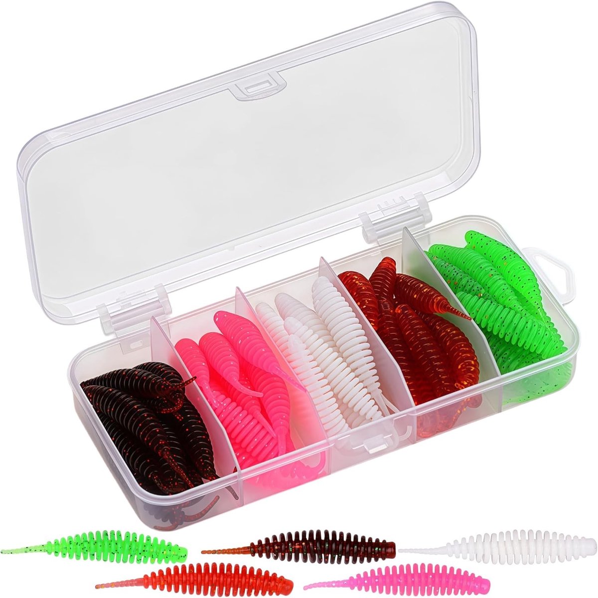 Gummi-set voor forelvissen met 25 stuks en opbergdoos | UV-actief, knoflookgeur, 5,5 cm softbaits in diverse kleuren voor optimale vangst