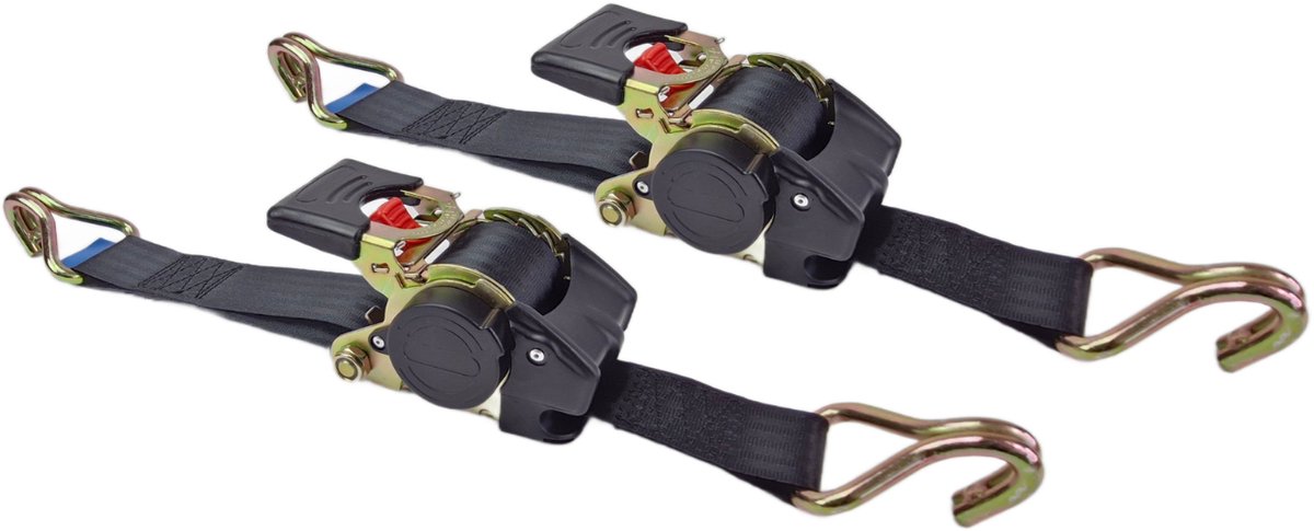 BCF-Products Automatische spanband - met Punthaken - 3 meter - Zwart - 2 stuks - Zelfoprollend - 50mm