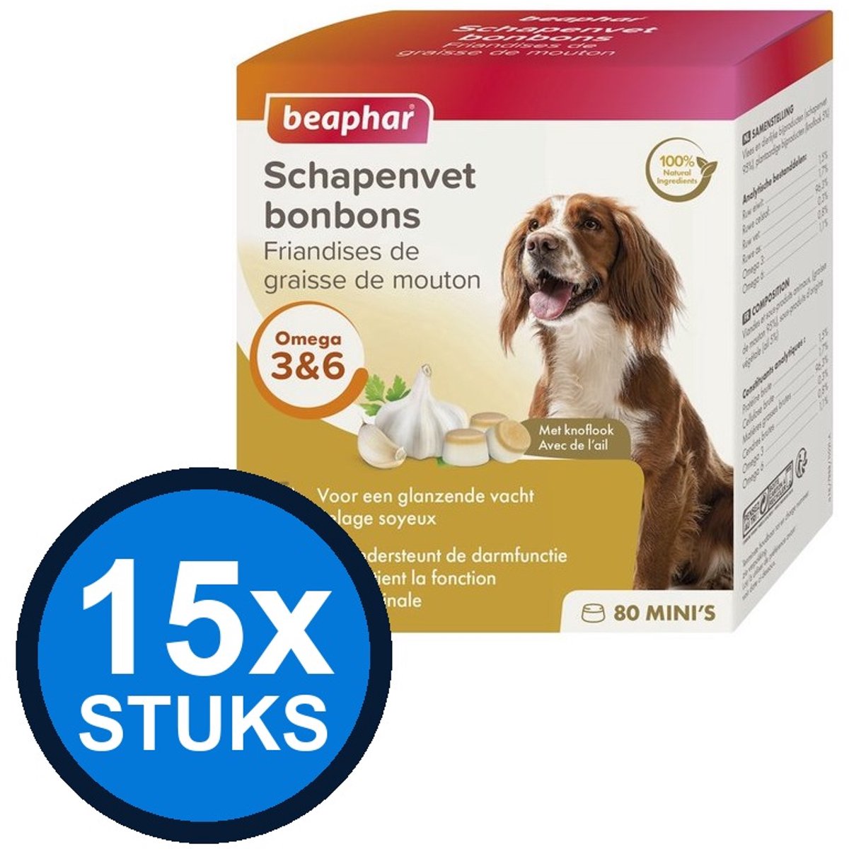 15x Beaphar - schapenvet bonbons mini knoflook 245gr - Hondenvoer Snacks - 245 g