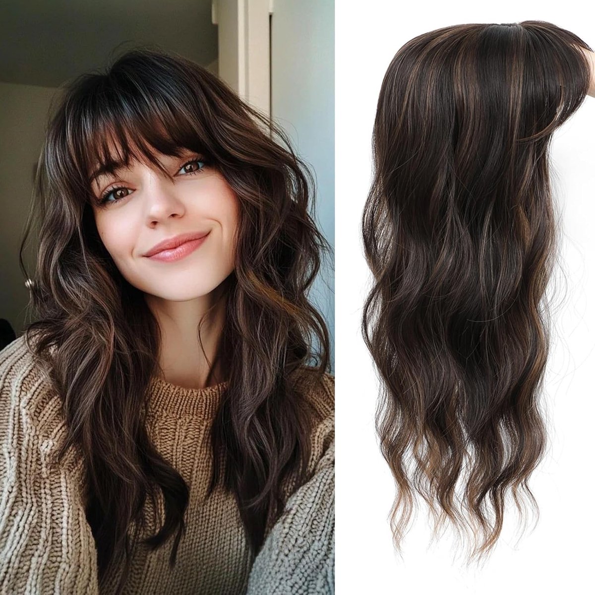 Haarstuk voor vrouwen met dunne kruin, 360° 3D-haar topper, 50 cm krullend golvend haar met Franse scheiding, donkerbruin