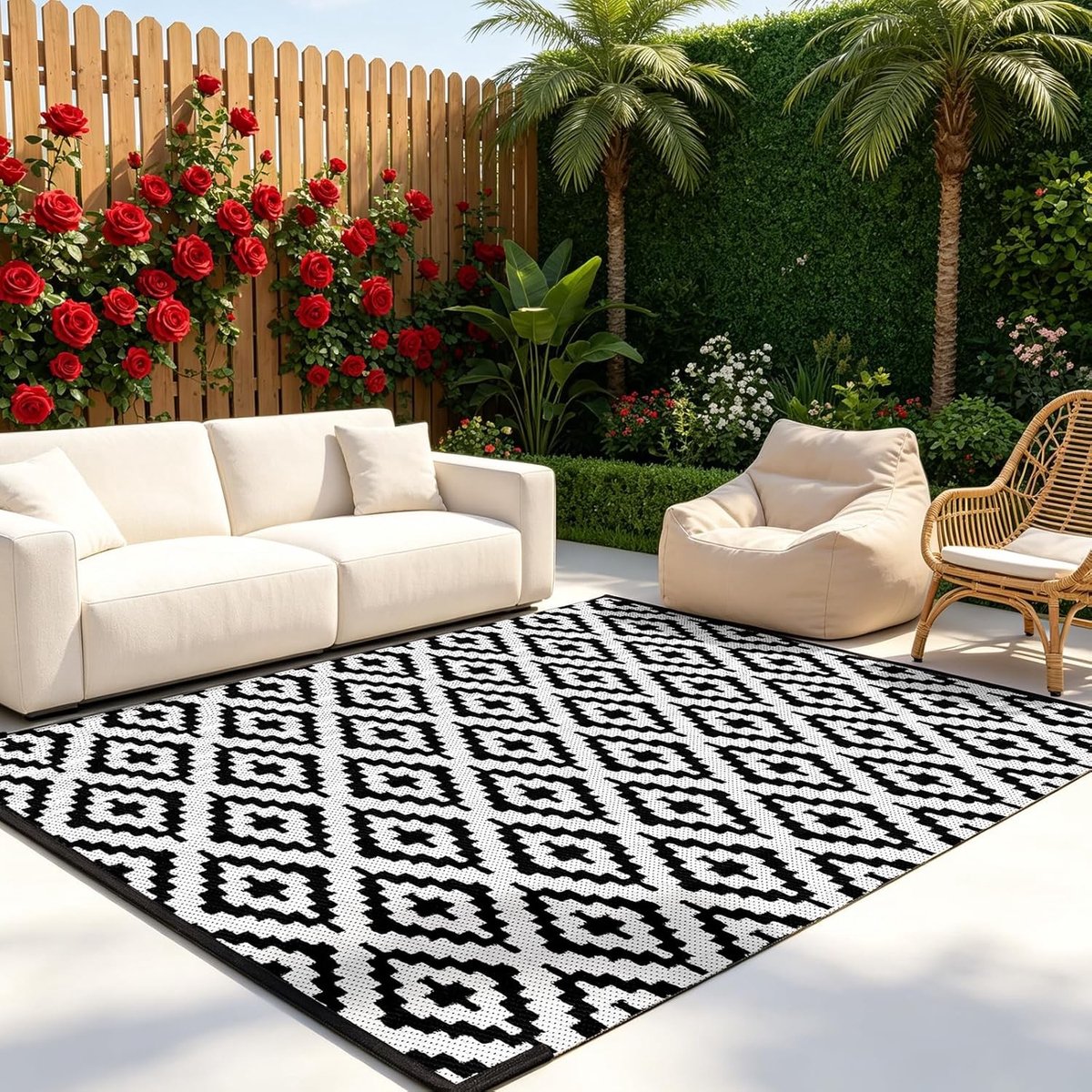 Waterdicht dubbelzijdig outdoor tapijt, UV-bestendig en opvouwbaar voor tuin, balkon en picknick (geometrisch patroon, zwart, 150 x 240 cm)