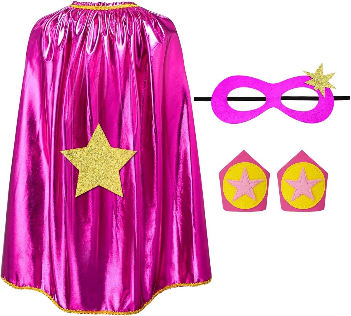 Dubbelzijdige vijfpuntige ster cape set van 3 stuks in fuchsia voor kostuums en feesten