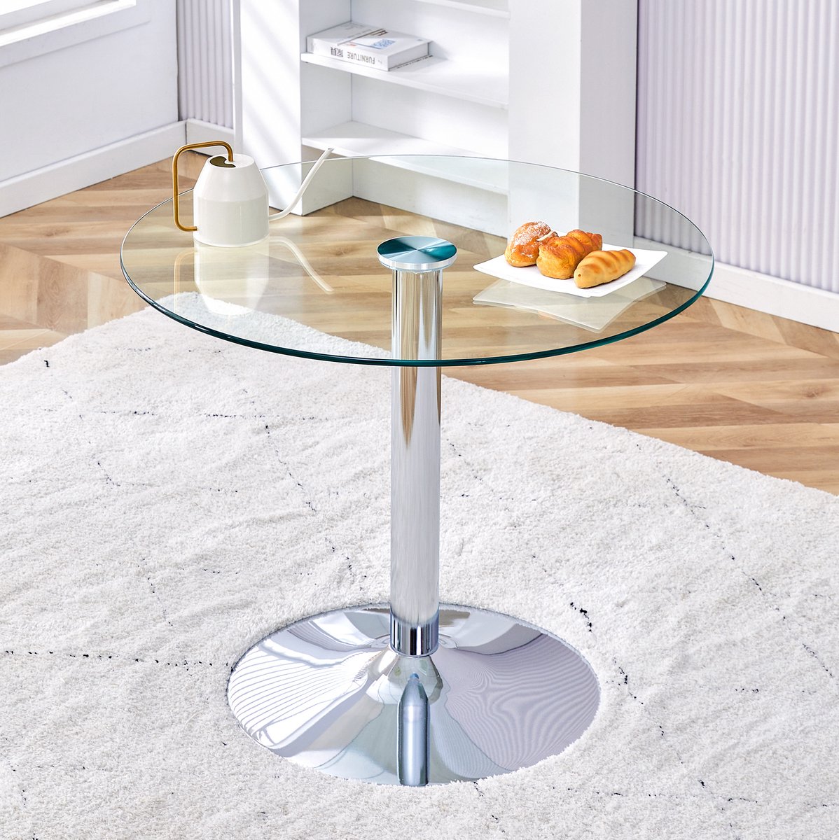 OKWISH Eettafel - Ronde Glazen Tafel Met Transparant Tafelblad - 85 x 85 x 76 cm - Stabiele Metalen Voet - Modern Zilver