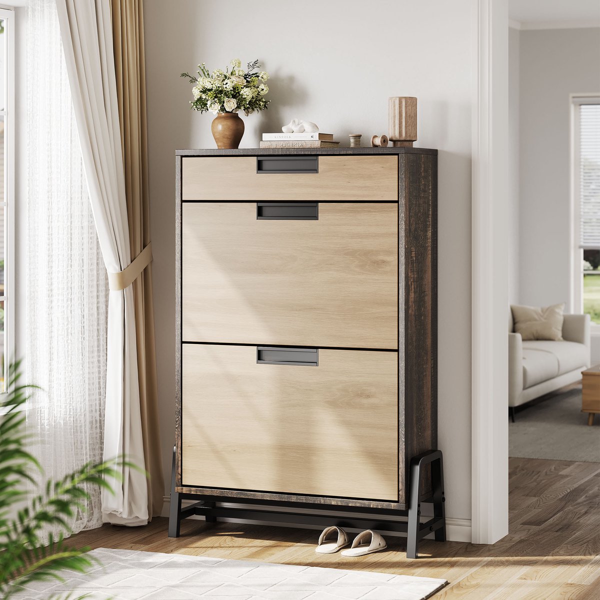 Schoenenkast Vintage met 2 Kleppen en 1 Lade - 60x24x96cm - Schoenenrek - Schoenenmeubel Smal - 3 Lagen - Verstelbare Planken - Metalen Onderstel - Vrijstaand - Voor Hal Woonkamer Entree - Houtkleur + Bruin