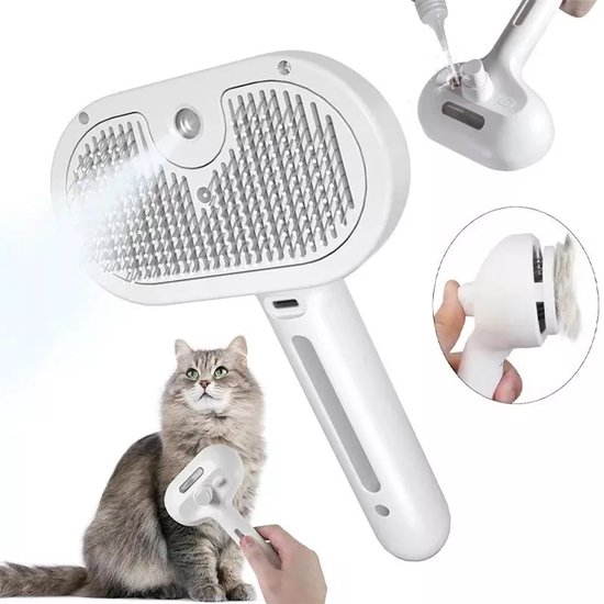 Witte stoomborstel die stoom afgeeft, naast een kat. Inzetstukken tonen het toevoegen van water en het reinigen van de borstel.