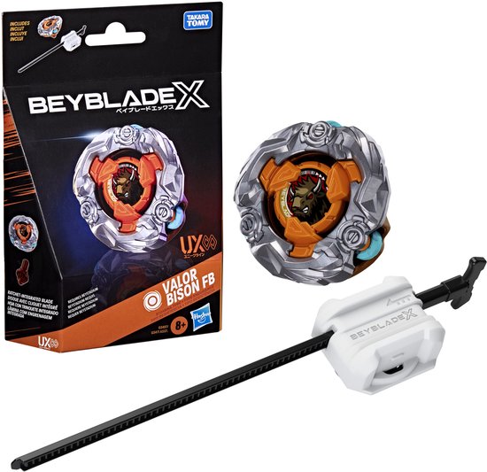 BeyBlade X Valor Bison FB met oranje en zilveren details, een bizonafbeelding en een witte starter.