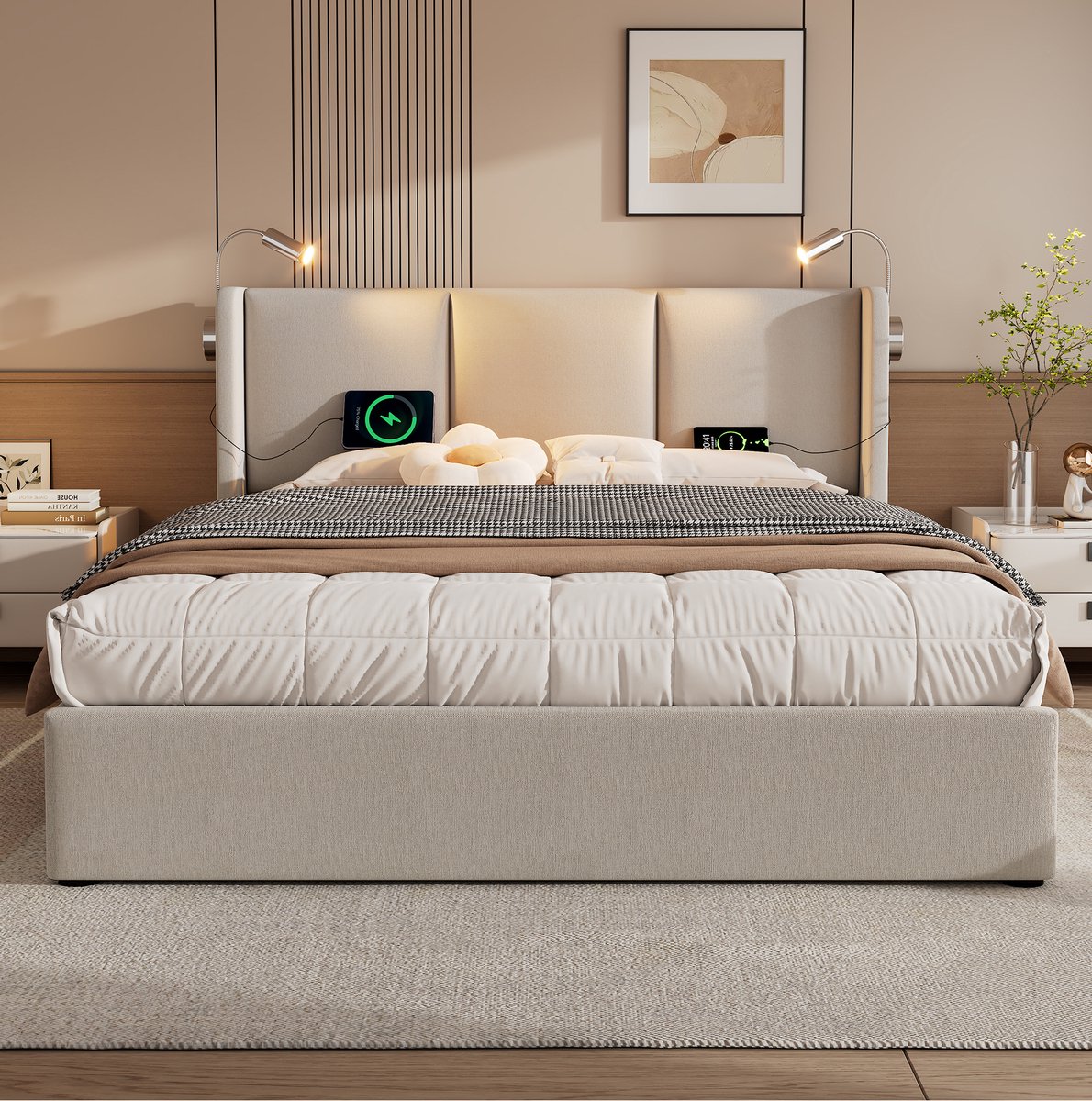 Gestoffeerd Bed 180x200 cm - Tweepersoonsbed Met USB Oplaadfunctie en Leeslamp - Hydraulische Opbergruimte - Zonder Matras - Stof - Beige
